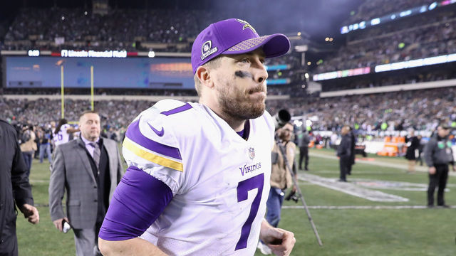 PHILADELPHIA, PA - JANUARY 21: Case Keenum #7 of the Minnesota Vikings walks of the field after losing in the NFC Championship game to the Philadelphia Eagles at Lincoln Financial Field on January 21, 2018 in Philadelphia, Pennsylvania. The Philadelphia Eagles defeated the Minnesota Vikings 38-7.
