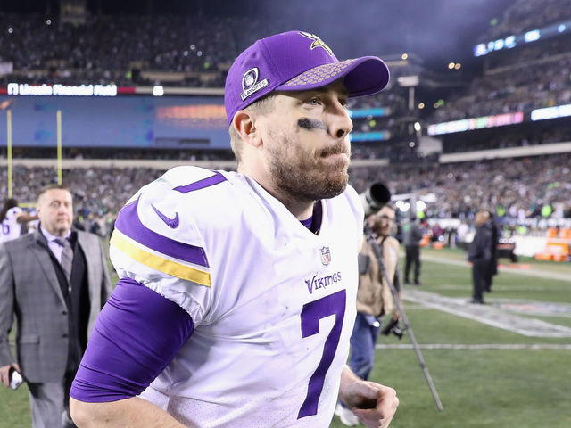 PHILADELPHIA, PA - JANUARY 21: Case Keenum #7 of the Minnesota Vikings walks of the field after losing in the NFC Championship game to the Philadelphia Eagles at Lincoln Financial Field on January 21, 2018 in Philadelphia, Pennsylvania. The Philadelphia Eagles defeated the Minnesota Vikings 38-7.