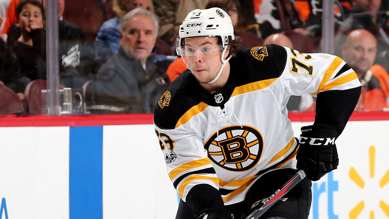 PHILADELPHIA, PENNSYLVANIA - DECEMBER 02: Charlie McAvoy #73 of the Boston Bruins takes the puck against the Philadelphia Flyers on December 02, 2017 at Wells Fargo Center in Philadelphia, Pennsylvania.