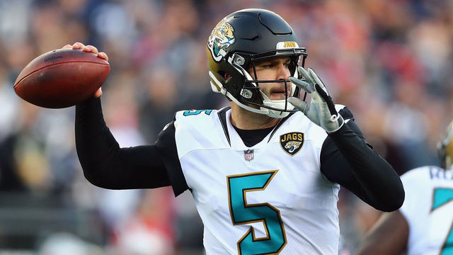 FOXBOROUGH, MA - JANUARY 21: Blake Bortles #5 of the Jacksonville Jaguars throws in the first quarter of the AFC Championship Game against the New England Patriots at Gillette Stadium on January 21, 2018 in Foxborough, Massachusetts.