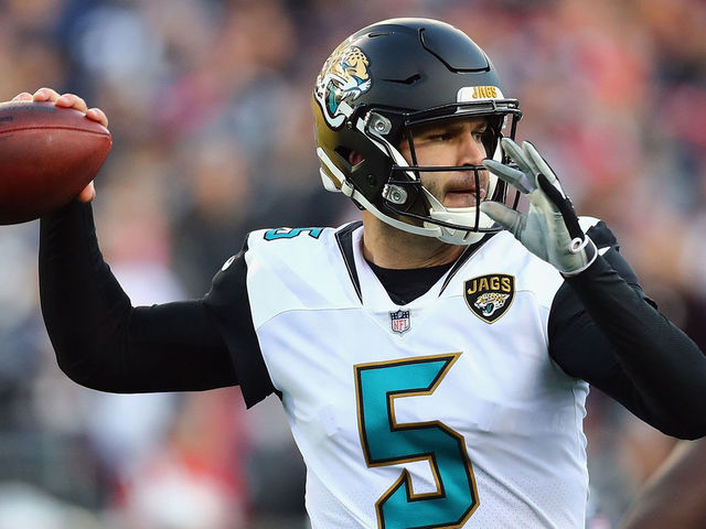 FOXBOROUGH, MA - JANUARY 21: Blake Bortles #5 of the Jacksonville Jaguars throws in the first quarter of the AFC Championship Game against the New England Patriots at Gillette Stadium on January 21, 2018 in Foxborough, Massachusetts.