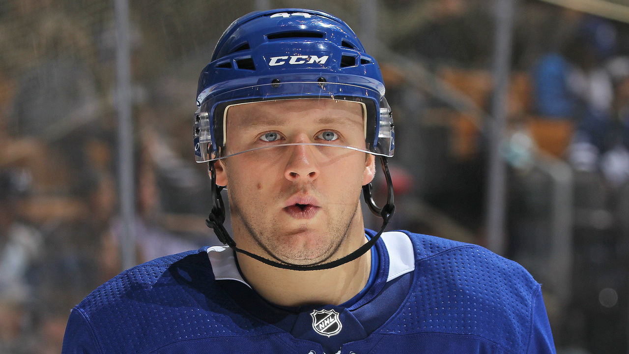 TORONTO, ON - NOVEMBER 6: Morgan Rielly #44 of the Toronto Maple Leafs gets set for the third period against the Vegas Golden Knights during an NHL game at the Air Canada Centre on November 6, 2017 in Toronto, Ontario, Canada. The Maple Leafs defeated the Golden Knights 4-3 in an overtime shoot-out.