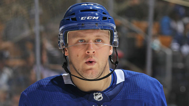 TORONTO, ON - NOVEMBER 6: Morgan Rielly #44 of the Toronto Maple Leafs gets set for the third period against the Vegas Golden Knights during an NHL game at the Air Canada Centre on November 6, 2017 in Toronto, Ontario, Canada. The Maple Leafs defeated the Golden Knights 4-3 in an overtime shoot-out.