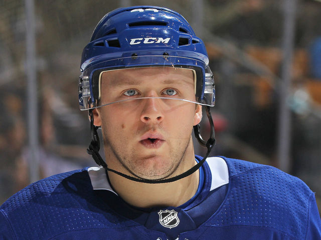 TORONTO, ON - NOVEMBER 6: Morgan Rielly #44 of the Toronto Maple Leafs gets set for the third period against the Vegas Golden Knights during an NHL game at the Air Canada Centre on November 6, 2017 in Toronto, Ontario, Canada. The Maple Leafs defeated the Golden Knights 4-3 in an overtime shoot-out.