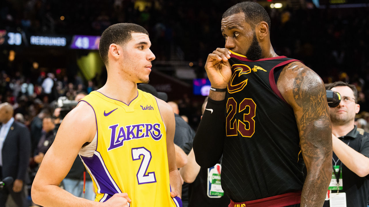 CLEVELAND, OH - DECEMBER 14: Lonzo Ball #2 of the Los Angeles Lakers listens to LeBron James #23 of the Cleveland Cavaliers after the game at Quicken Loans Arena on December 14, 2017 in Cleveland, Ohio. The Cavaliers defeated the Lakers 121-112.