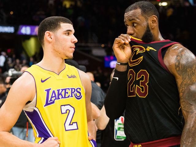 CLEVELAND, OH - DECEMBER 14: Lonzo Ball #2 of the Los Angeles Lakers listens to LeBron James #23 of the Cleveland Cavaliers after the game at Quicken Loans Arena on December 14, 2017 in Cleveland, Ohio. The Cavaliers defeated the Lakers 121-112.