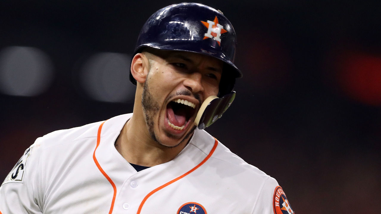 HOUSTON, TX - OCTOBER 29: Carlos Correa #1 of the Houston Astros reacts after hitting a two-run home run during the seventh inning against the Los Angeles Dodgers in game five of the 2017 World Series at Minute Maid Park on October 29, 2017 in Houston, Texas.