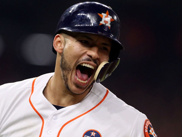 HOUSTON, TX - OCTOBER 29: Carlos Correa #1 of the Houston Astros reacts after hitting a two-run home run during the seventh inning against the Los Angeles Dodgers in game five of the 2017 World Series at Minute Maid Park on October 29, 2017 in Houston, Texas.