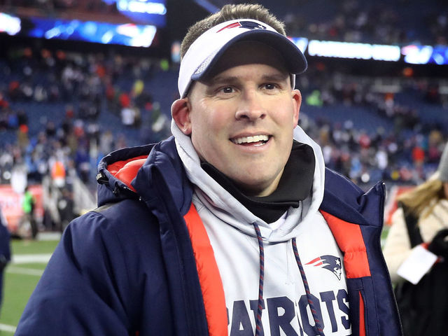 FOXBOROUGH, MA - JANUARY 13: Offensive Coordinator Josh McDaniels of the New England Patriots reacts after winning the AFC Divisional Playoff game against the Tennessee Titans at Gillette Stadium on January 13, 2018 in Foxborough, Massachusetts.