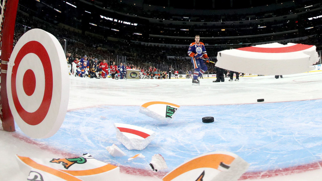 LOS ANGELES, CA - JANUARY 28: Connor McDavid #97 of the Edmonton Oilers competes in the DraftKings NHL Accuracy Shooting event during the 2017 Coors Light NHL All-Star Skills Competition as part of the 2017 NHL All-Star Weekend at STAPLES Center on January 28, 2017 in Los Angeles, California.