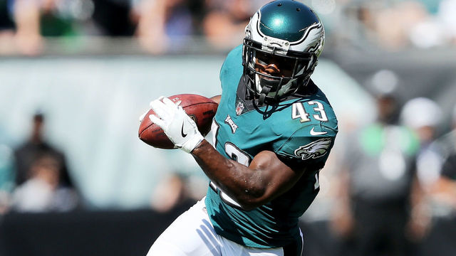 PHILADELPHIA, PA - SEPTEMBER 24: Darren Sproles #43 of the Philadelphia Eagles carries the ball as Olivier Vernon #54 of the New York Giants defends on September 24, 2017 at Lincoln Financial Field in Philadelphia, Pennsylvania.