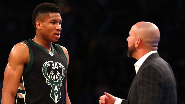 NEW YORK, NY - JANUARY 04: Giannis Antetokounmpo #34 of the Milwaukee Bucks speaks to Head coach Jason Kidd of the Milwaukee Bucks during their game against the New York Knicks at Madison Square Garden on January 4, 2017 in New York City. NOTE TO USER: User expressly acknowledges and agrees that, by downloading and/or using this Photograph, user is consenting to the terms and conditions of the Getty Images License Agreement.