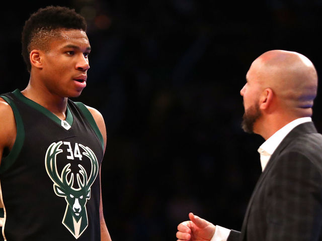 NEW YORK, NY - JANUARY 04: Giannis Antetokounmpo #34 of the Milwaukee Bucks speaks to Head coach Jason Kidd of the Milwaukee Bucks during their game against the New York Knicks at Madison Square Garden on January 4, 2017 in New York City. NOTE TO USER: User expressly acknowledges and agrees that, by downloading and/or using this Photograph, user is consenting to the terms and conditions of the Getty Images License Agreement.