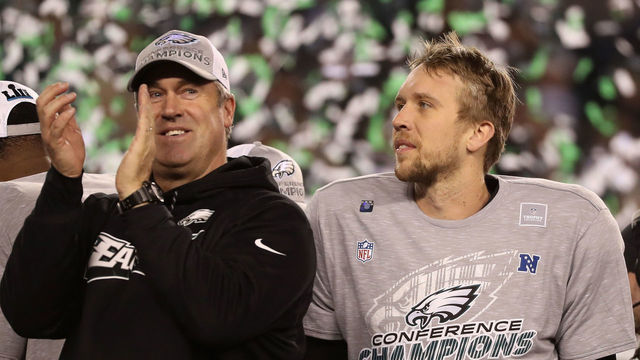 PHILADELPHIA, PA - JANUARY 21: Head coach Doug Pederson and Nick Foles #9 of the Philadelphia Eagles celebrate their teams win over the Minnesota Vikings in the NFC Championship game at Lincoln Financial Field on January 21, 2018 in Philadelphia, Pennsylvania. The Philadelphia Eagles defeated the Minnesota Vikings 38-7.