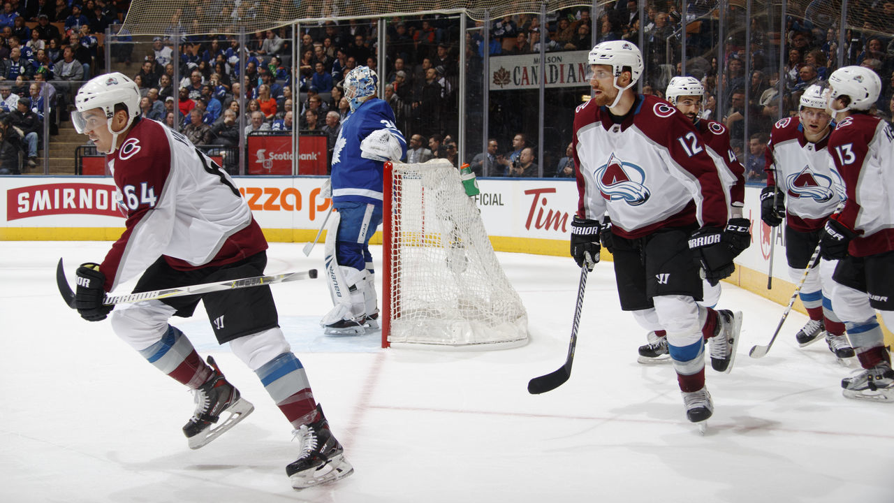 TORONTO, ON - JANUARY 22: Nail Yakupov #64 of the Colorado Avalanche reacts after scoring on Frederik Andersen #31 of the Toronto Maple Leafs during the second period at the Air Canada Centre on January 22, 2018 in Toronto, Ontario, Canada.