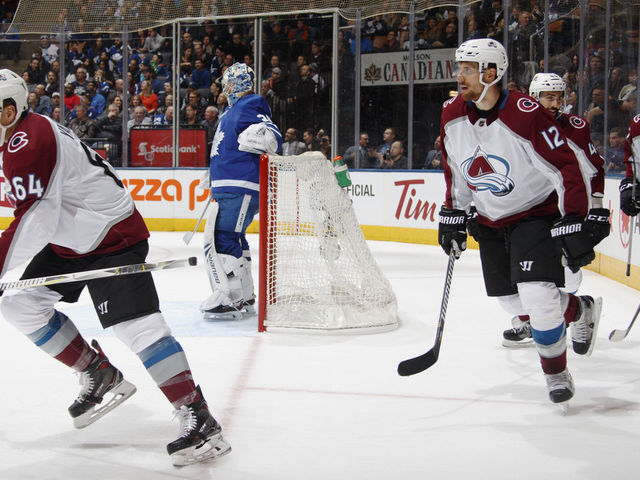TORONTO, ON - JANUARY 22: Nail Yakupov #64 of the Colorado Avalanche reacts after scoring on Frederik Andersen #31 of the Toronto Maple Leafs during the second period at the Air Canada Centre on January 22, 2018 in Toronto, Ontario, Canada.