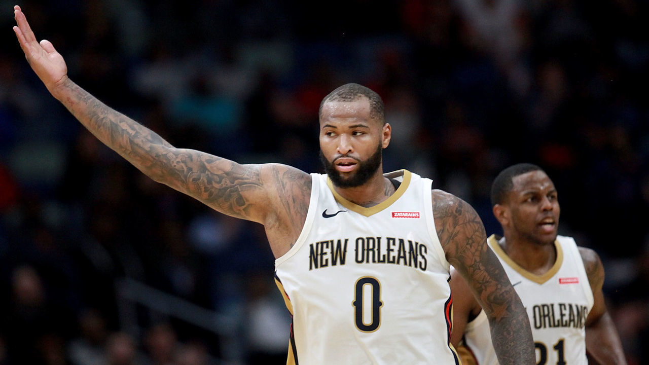 NEW ORLEANS, LA - JANUARY 20: DeMarcus Cousins #0 of the New Orleans Pelicans reacts after assiting a teammate during the second half of a NBA game against the Memphis Grizzlies at the Smoothie King Center on January 20, 2018 in New Orleans, Louisiana.