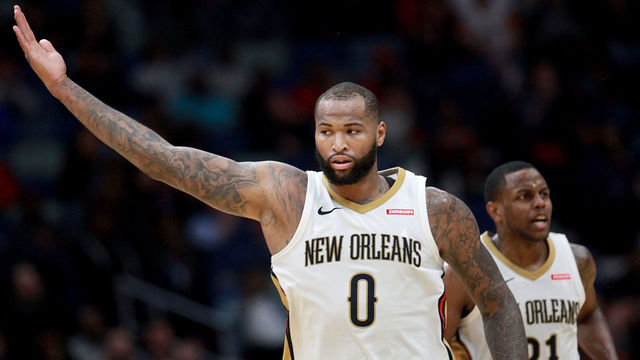 NEW ORLEANS, LA - JANUARY 20: DeMarcus Cousins #0 of the New Orleans Pelicans reacts after assiting a teammate during the second half of a NBA game against the Memphis Grizzlies at the Smoothie King Center on January 20, 2018 in New Orleans, Louisiana.