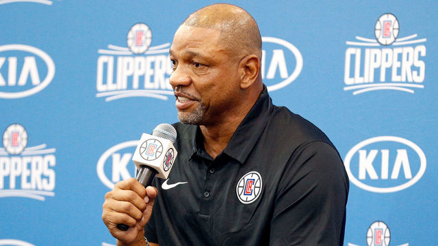 PLAYA VISTA, CA - SEPTEMBER 25: Los Angeles Clippers head coach Doc Rivers answers questions from the media at the Los Angeles Clippers Training Center on September 25, 2017 in Playa Vista, California. NOTE TO USER: User expressly acknowledges and agrees that, by downloading and/or using this photograph, user is consenting to the terms and conditions of the Getty Images License Agreement.