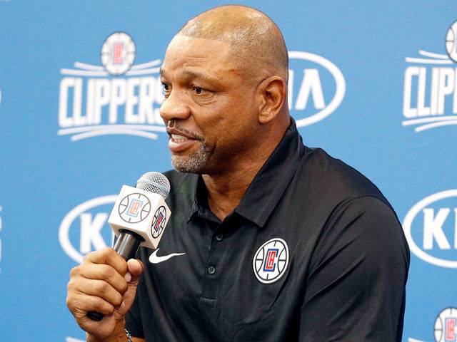 PLAYA VISTA, CA - SEPTEMBER 25: Los Angeles Clippers head coach Doc Rivers answers questions from the media at the Los Angeles Clippers Training Center on September 25, 2017 in Playa Vista, California. NOTE TO USER: User expressly acknowledges and agrees that, by downloading and/or using this photograph, user is consenting to the terms and conditions of the Getty Images License Agreement.