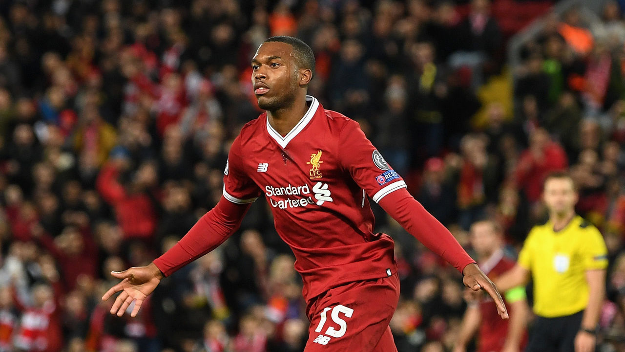LIVERPOOL, ENGLAND - NOVEMBER 01: Daniel Sturridge of Liverpool scores his sides third goal during the UEFA Champions League group E match between Liverpool FC and NK Maribor at Anfield on November 1, 2017 in Liverpool, United Kingdom.