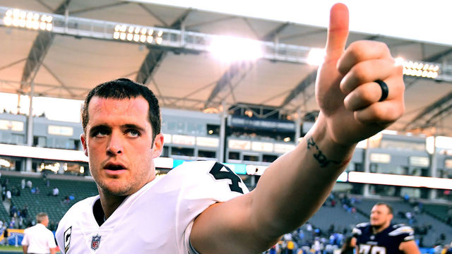 CARSON, CA - DECEMBER 31: Derek Carr #4 of the Oakland Raiders reacts as he leaves the field after 30-10 loss to the Los Angeles Chargers at StubHub Center on December 31, 2017 in Carson, California.