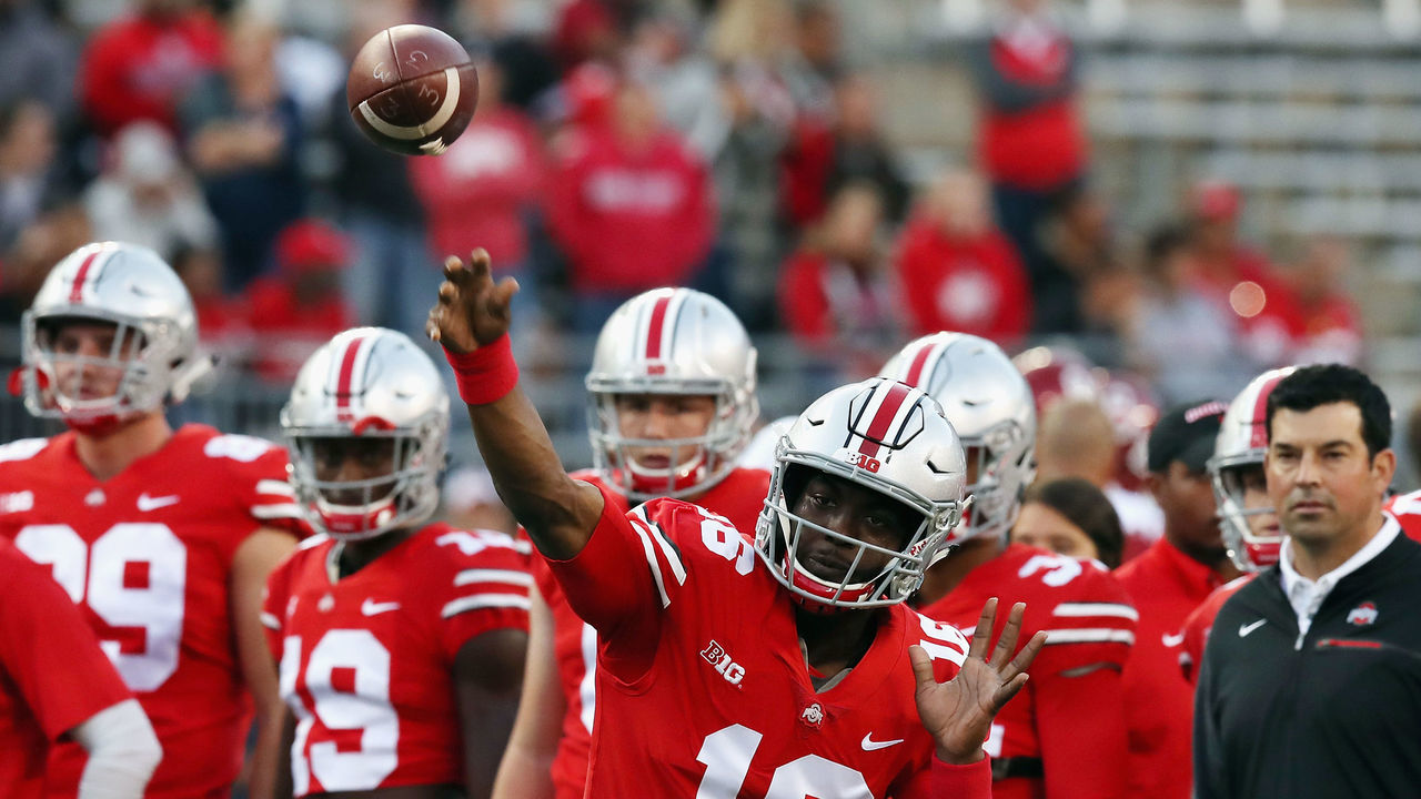 COLUMBUS, OH - SEPTEMBER 09: J.T. Barrett #16 of the Ohio State Buckeyes warms up before the game against the Oklahoma Sooners at Ohio Stadium on September 9, 2017 in Columbus, Ohio.