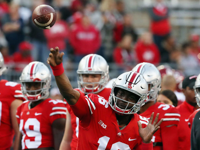 COLUMBUS, OH - SEPTEMBER 09: J.T. Barrett #16 of the Ohio State Buckeyes warms up before the game against the Oklahoma Sooners at Ohio Stadium on September 9, 2017 in Columbus, Ohio.