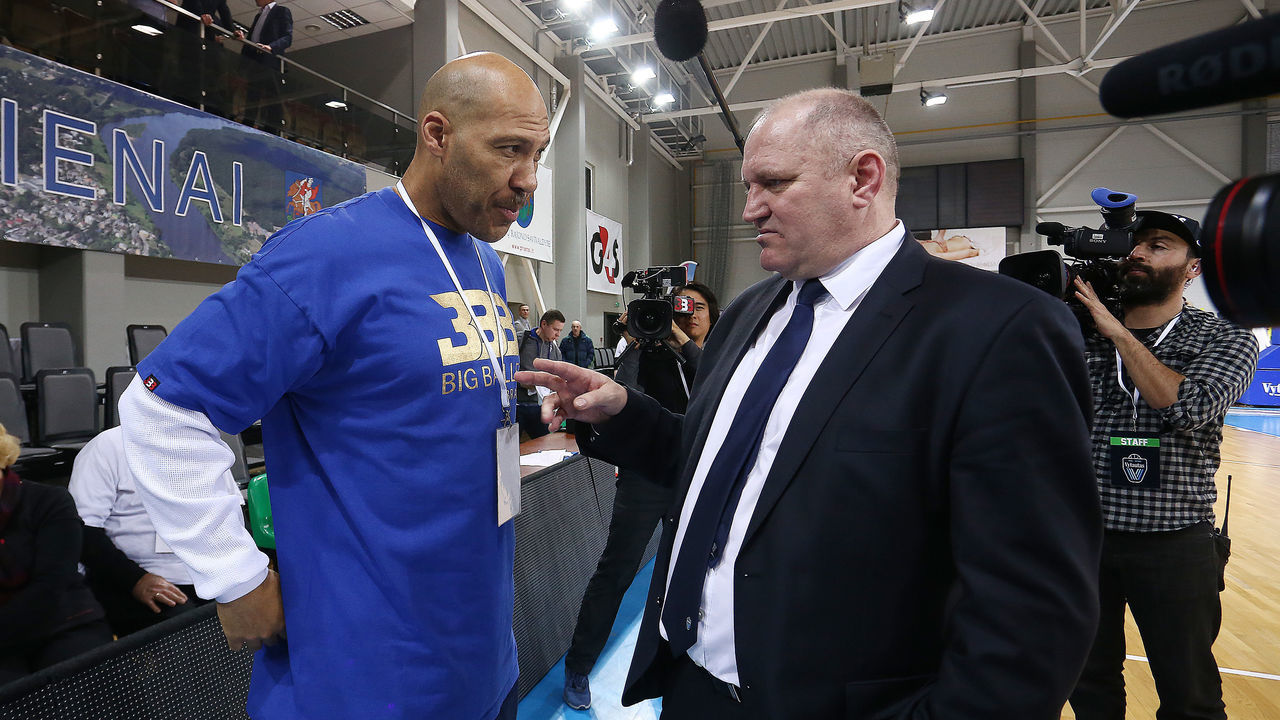 PRIENAI, LITHUANIA - JANUARY 09: LaVar Ball father of LiAngelo and LaMelo Ball talks with Virginijus Seskus head coach of Vytautas Prienai during the match between Vytautas Prienai and Zalgiris Kauno on January 9, 2018 in Prienai, Lithuania.