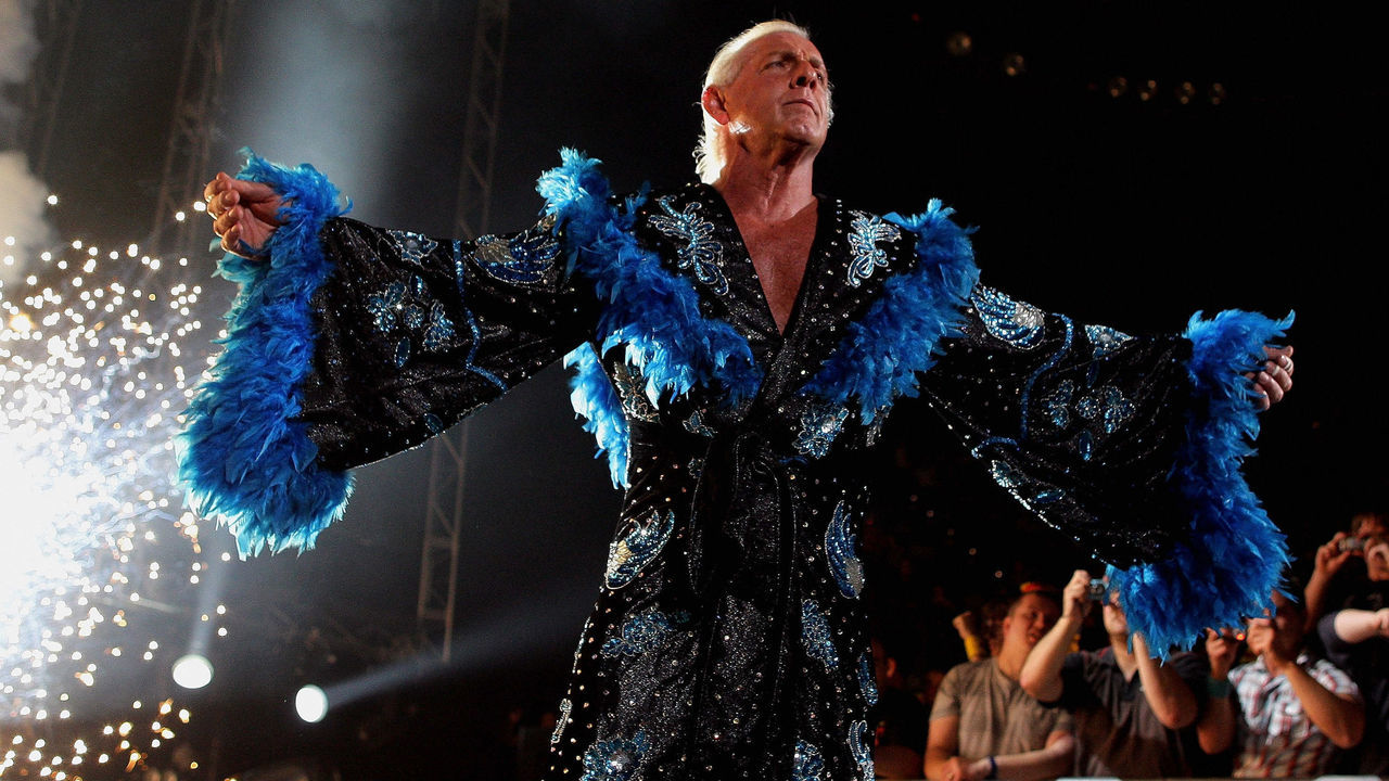 MELBOURNE, AUSTRALIA - NOVEMBER 21: Hulk Hogan's opponent Ric Flair is greeted by the crowd during Hulk Hogan's Hulkamania Tour at Rod Laver Arena on November 21, 2009 in Melbourne, Australia.