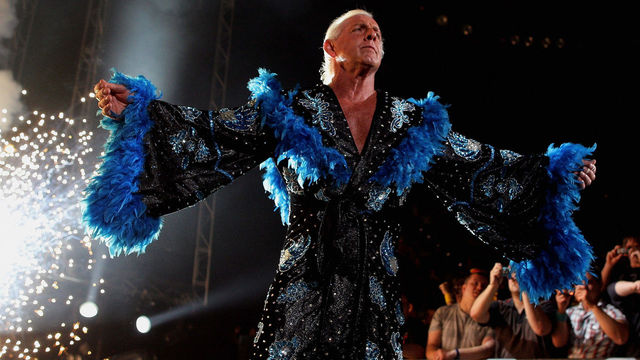 MELBOURNE, AUSTRALIA - NOVEMBER 21: Hulk Hogan's opponent Ric Flair is greeted by the crowd during Hulk Hogan's Hulkamania Tour at Rod Laver Arena on November 21, 2009 in Melbourne, Australia.