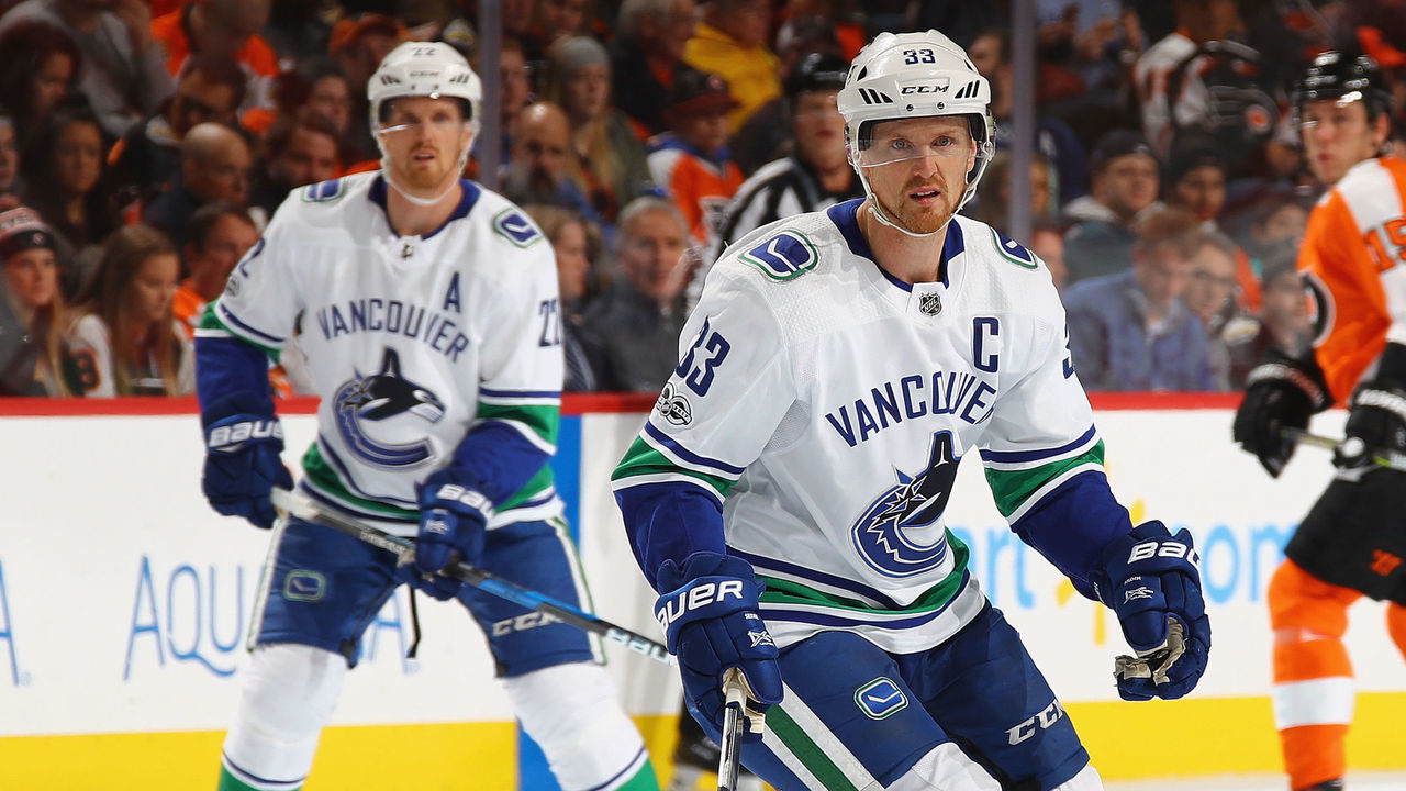 PHILADELPHIA, PA - NOVEMBER 21: Daniel Sedin #22 and Henrik Sedin #33 of the Vancouver Canucks skate against the Philadelphia Flyers at the Wells Fargo Center on November 21, 2017 in Philadelphia, Pennsylvania. The Canucks defeated the Flyers 5-2.