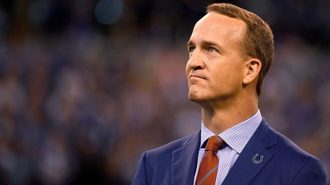 INDIANAPOLIS, IN - OCTOBER 08: Peyton Manning watches a video presentation during a ceremony to retire his number during the halftime of the game between the Indianapolis Colts and the San Francisco 49ers at Lucas Oil Stadium on October 8, 2017 in Indianapolis, Indiana.