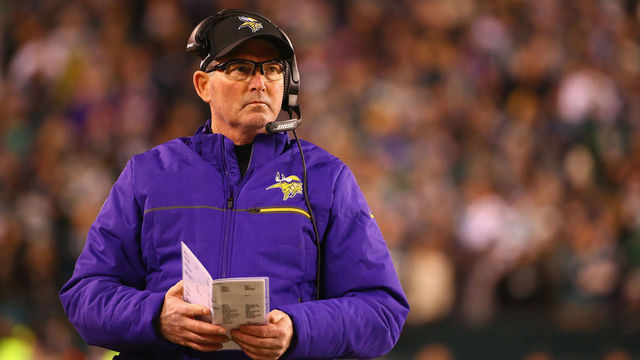 PHILADELPHIA, PA - JANUARY 21: Head coach Mike Zimmer of the Minnesota Vikings looks on during the first quarter against the Philadelphia Eagles in the NFC Championship game at Lincoln Financial Field on January 21, 2018 in Philadelphia, Pennsylvania.