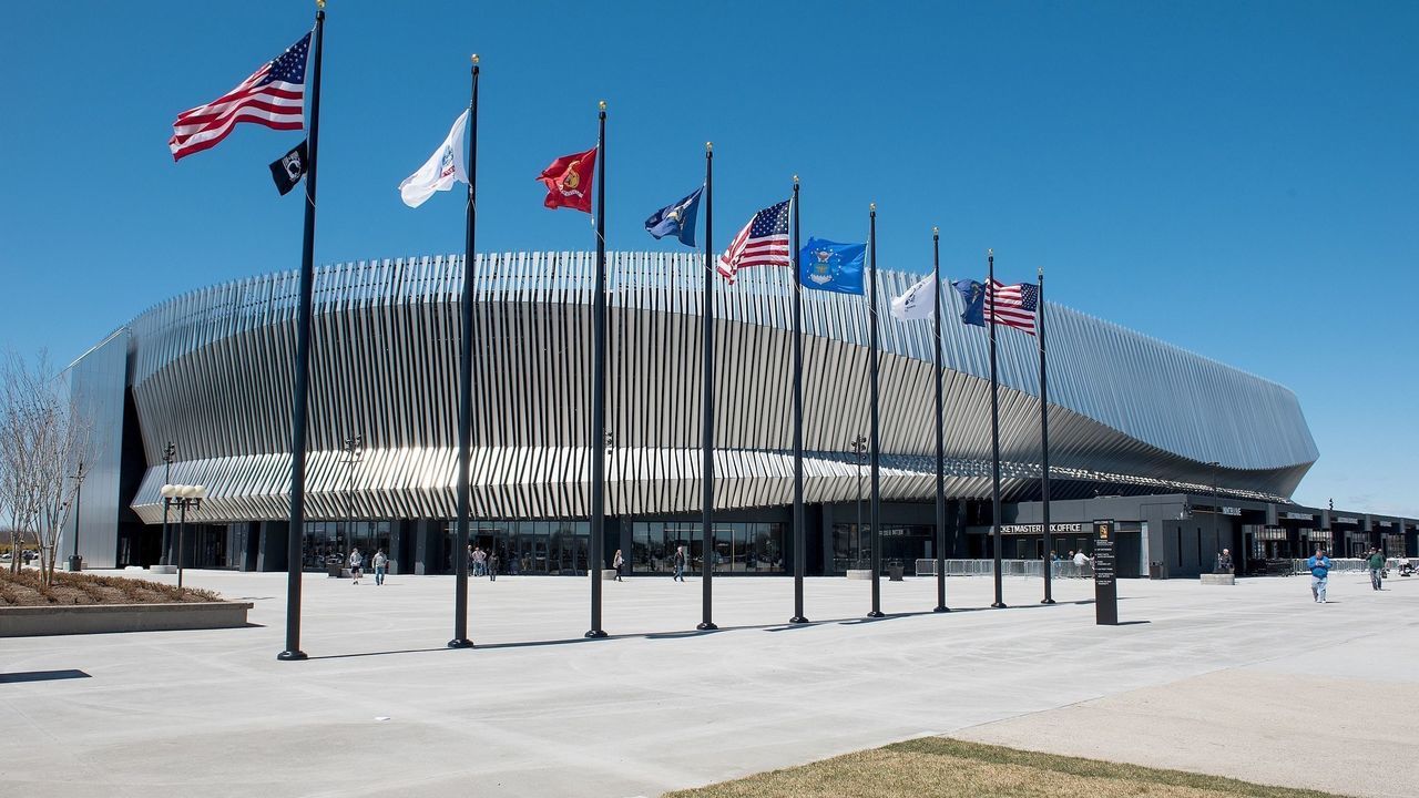 UNIONDALE, NY - APRIL 08: An exterior view of the NYCB LIVE Nassau Veterans Memorial Coliseum on April 8, 2017 in Uniondale, New York.