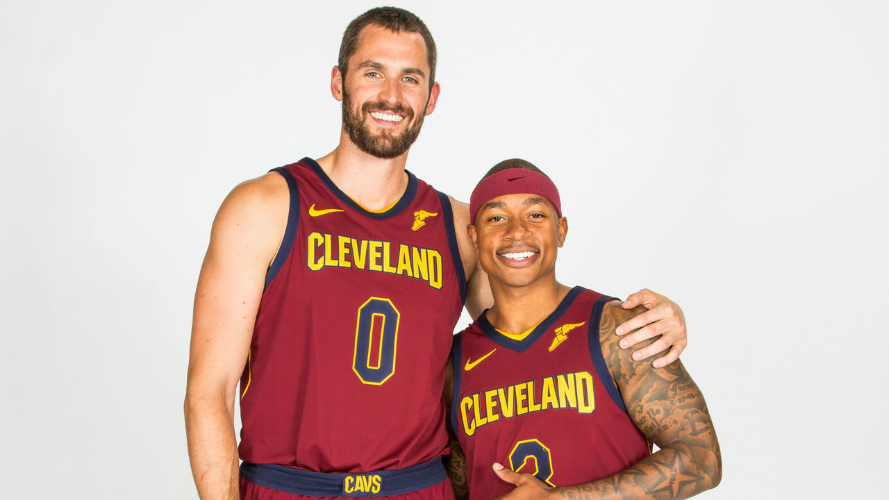 CLEVELAND, OH - SEPTEMBER 25: Kevin Love #0 and Isaiah Thomas #3 of the Cleveland Cavaliers pose for a portrait during the 2017-18 NBA Media Day on September 25, 2017 at Quicken Loans Arena in Cleveland, Ohio. Mandatory Copyright Notice: Copyright 2017 NBAE