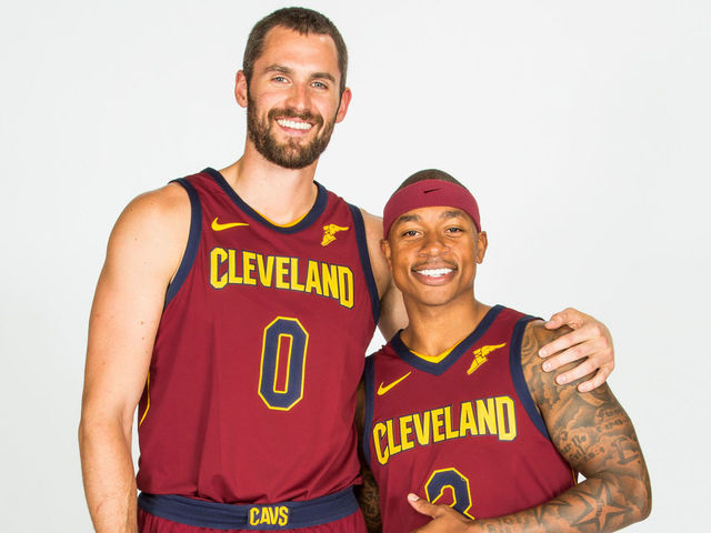 CLEVELAND, OH - SEPTEMBER 25: Kevin Love #0 and Isaiah Thomas #3 of the Cleveland Cavaliers pose for a portrait during the 2017-18 NBA Media Day on September 25, 2017 at Quicken Loans Arena in Cleveland, Ohio. Mandatory Copyright Notice: Copyright 2017 NBAE
