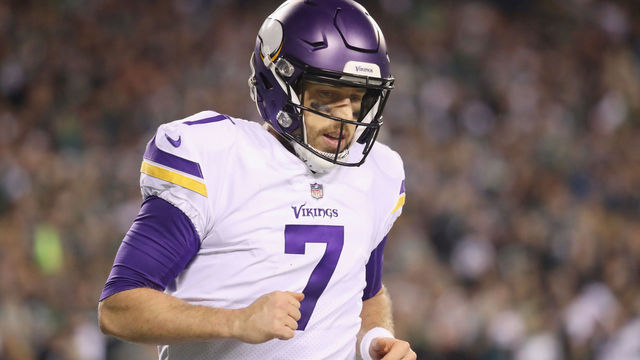 PHILADELPHIA, PA - JANUARY 21: Case Keenum #7 of the Minnesota Vikings reacts during the second quarter against the Philadelphia Eagles in the NFC Championship game at Lincoln Financial Field on January 21, 2018 in Philadelphia, Pennsylvania.
