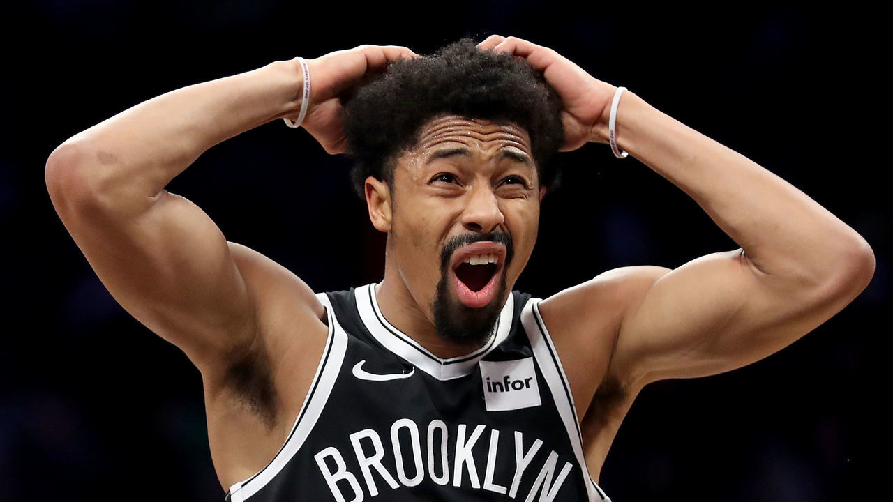 NEW YORK, NY - JANUARY 19: Spencer Dinwiddie #8 of the Brooklyn Nets reacts after missing a shot to end the second quarter against the Miami Heat during their game at Barclays Center on January 19, 2018 in the Brooklyn borough of New York City.