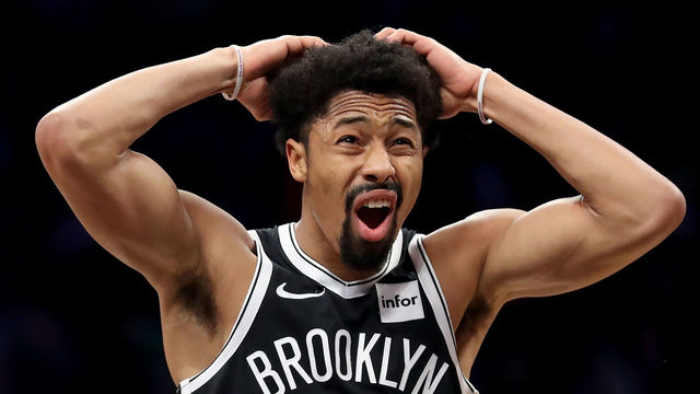 NEW YORK, NY - JANUARY 19: Spencer Dinwiddie #8 of the Brooklyn Nets reacts after missing a shot to end the second quarter against the Miami Heat during their game at Barclays Center on January 19, 2018 in the Brooklyn borough of New York City.