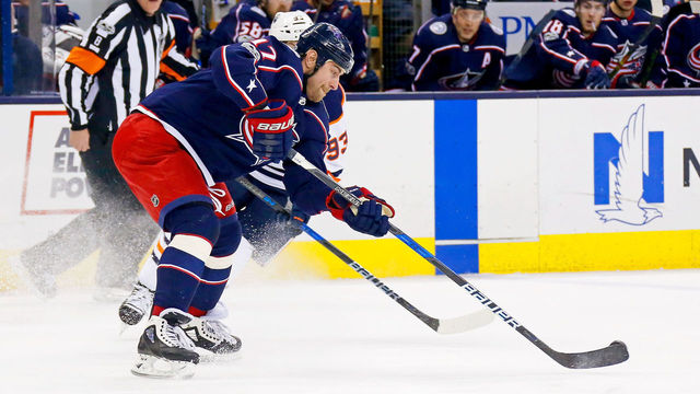 COLUMBUS, OH - DECEMBER 12: Brandon Dubinsky #17 of the Columbus Blue Jackets controls the puck during the game against the Edmonton Oilers on December 12, 2017 at Nationwide Arena in Columbus, Ohio.