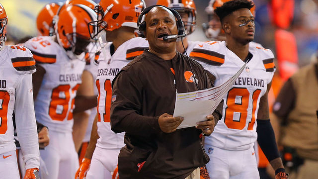 INDIANAPOLIS, IN - SEPTEMBER 24: Head coach Hue Jackson of the Cleveland Browns reacts against the Indianapolis Colts during the second half at Lucas Oil Stadium on September 24, 2017 in Indianapolis, Indiana.