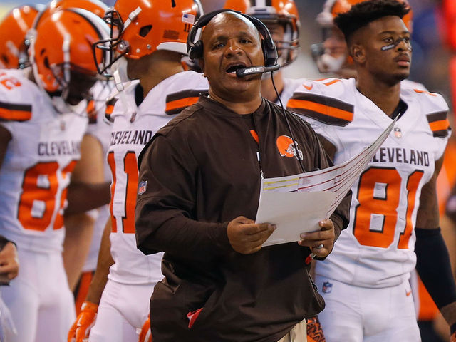 INDIANAPOLIS, IN - SEPTEMBER 24: Head coach Hue Jackson of the Cleveland Browns reacts against the Indianapolis Colts during the second half at Lucas Oil Stadium on September 24, 2017 in Indianapolis, Indiana.