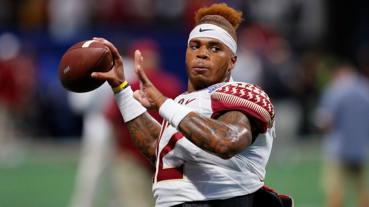 ATLANTA, GA - SEPTEMBER 02: Deondre Francois #12 of the Florida State Seminoles warms up prior to their game against the Alabama Crimson Tide at Mercedes-Benz Stadium on September 2, 2017 in Atlanta, Georgia.