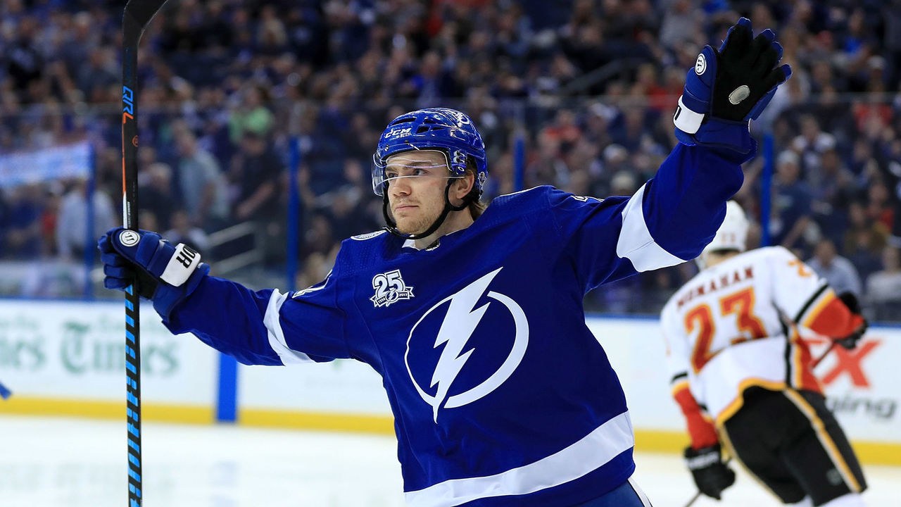TAMPA, FL - JANUARY 11: Brayden Point #21 of the Tampa Bay Lightning celebrates a goal during a game against the Calgary Flames at Amalie Arena on January 11, 2018 in Tampa, Florida.