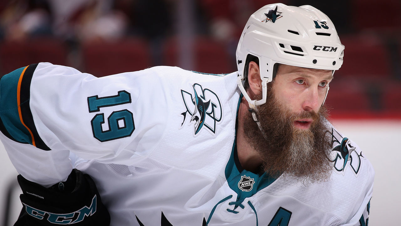 GLENDALE, AZ - JANUARY 16: Joe Thornton #19 of the San Jose Sharks awaits a face off during the first period of the NHL game against the Arizona Coyotes at Gila River Arena on January 16, 2018 in Glendale, Arizona. The Sharks defeated the Coyotes 3-2 in an overtime shootout.