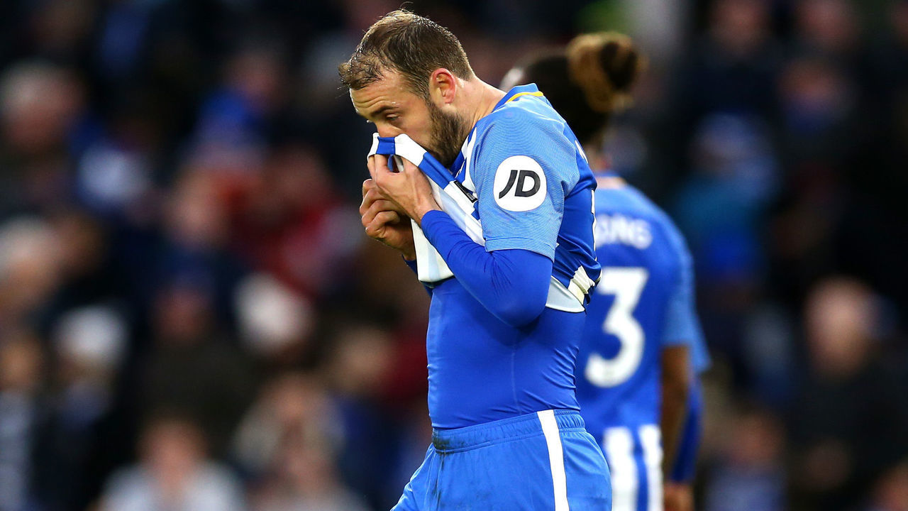 BRIGHTON, ENGLAND - DECEMBER 16: Glenn Murray of Brighton and Hove Albion reacts after missing the penalty shot during the Premier League match between Brighton and Hove Albion and Burnley at Amex Stadium on December 16, 2017 in Brighton, England.
