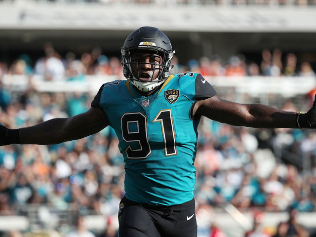 JACKSONVILLE, FL - NOVEMBER 05: Yannick Ngakoue #91 of the Jacksonville Jaguars celebrates a play on the field in the second half of their game against the Cincinnati Bengals at EverBank Field on November 5, 2017 in Jacksonville, Florida.