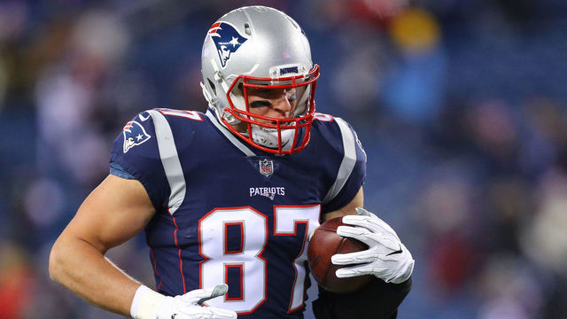 FOXBOROUGH, MA - JANUARY 13: Rob Gronkowski #87 of the New England Patriots warms up before the AFC Divisional Playoff game against the Tennessee Titans at Gillette Stadium on January 13, 2018 in Foxborough, Massachusetts.