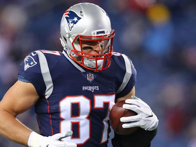 FOXBOROUGH, MA - JANUARY 13: Rob Gronkowski #87 of the New England Patriots warms up before the AFC Divisional Playoff game against the Tennessee Titans at Gillette Stadium on January 13, 2018 in Foxborough, Massachusetts.